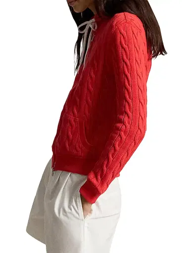 Polo Ralph Lauren Women's Cable-Knit Cotton Zip-Front Hoodie - Bright Hibiscus | Thumbnail 5 Polo Ralph Lauren Women's Cable-Knit Cotton Zip-Front Hoodie - Bright Hibiscus | Thumbnail 5