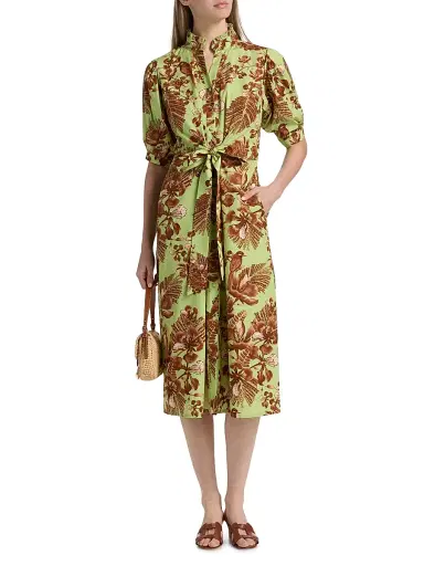 VERANDAH Women's Ammama Bird Print Cotton Shirtdress - Sage Green And Brown Gulmohar - Size Small | Thumbnail 3 VERANDAH Women's Ammama Bird Print Cotton Shirtdress - Sage Green And Brown Gulmohar - Size Small | Thumbnail 3