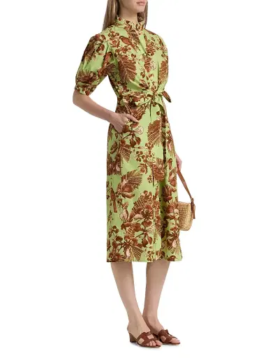 VERANDAH Women's Ammama Bird Print Cotton Shirtdress - Sage Green And Brown Gulmohar - Size Small | Thumbnail 4 VERANDAH Women's Ammama Bird Print Cotton Shirtdress - Sage Green And Brown Gulmohar - Size Small | Thumbnail 4