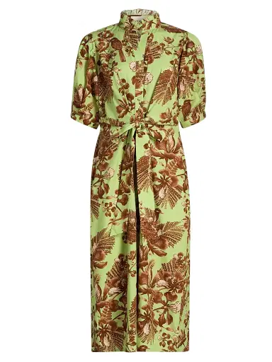 VERANDAH Women's Ammama Bird Print Cotton Shirtdress - Sage Green And Brown Gulmohar - Size Small | Thumbnail 1 VERANDAH Women's Ammama Bird Print Cotton Shirtdress - Sage Green And Brown Gulmohar - Size Small | Thumbnail 1