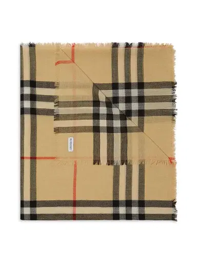 Burberry Women's Fringed Check Wool Scarf - Sand | Thumbnail 5 Burberry Women's Fringed Check Wool Scarf - Sand | Thumbnail 5