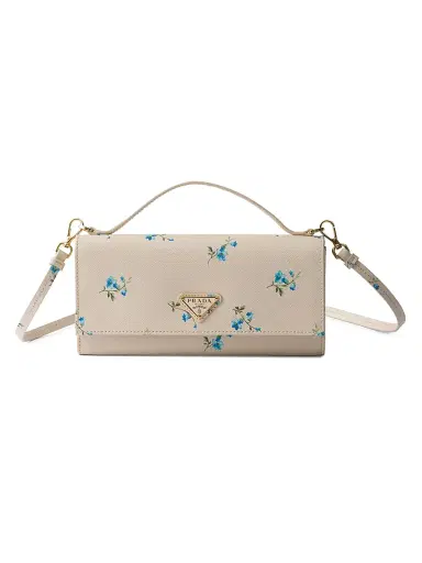Prada Women's Printed Saffiano Leather Wallet with Shoulder Strap - Beige Khaki | Thumbnail 1 Prada Women's Printed Saffiano Leather Wallet with Shoulder Strap - Beige Khaki | Thumbnail 1