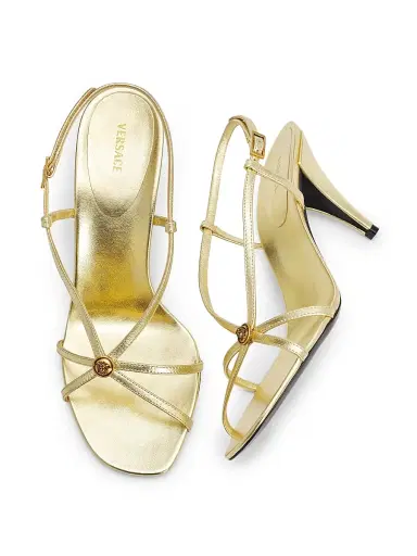 Versace Women's Mela 80MM Leather Slingback Sandals - Mela Oro | Thumbnail 4 Versace Women's Mela 80MM Leather Slingback Sandals - Mela Oro | Thumbnail 4