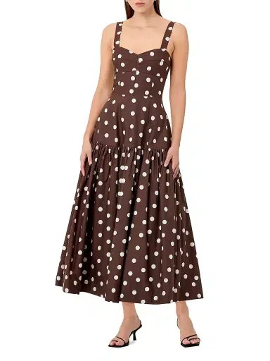 NICHOLAS Women's Valeria Polka Dot Linen-Blend Drop Waist Midi-Dress - Mocha Polka Dot | Thumbnail 3 NICHOLAS Women's Valeria Polka Dot Linen-Blend Drop Waist Midi-Dress - Mocha Polka Dot | Thumbnail 3