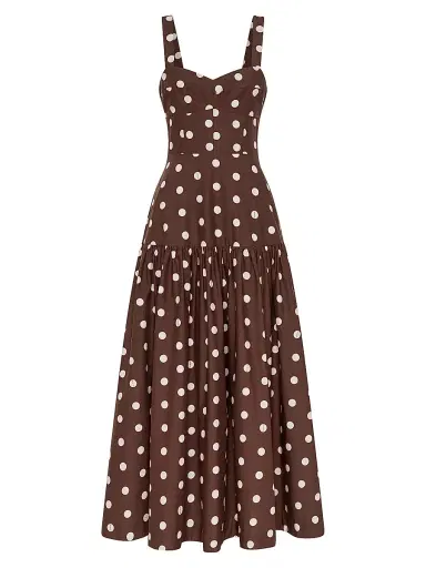 NICHOLAS Women's Valeria Polka Dot Linen-Blend Drop Waist Midi-Dress - Mocha Polka Dot | Thumbnail 1 NICHOLAS Women's Valeria Polka Dot Linen-Blend Drop Waist Midi-Dress - Mocha Polka Dot | Thumbnail 1