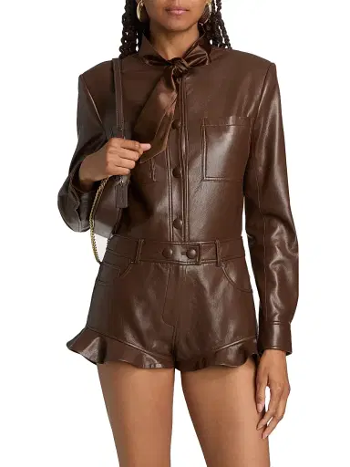 Self-Portrait Women's Faux Leather Ruffle Playsuit - Brown | Thumbnail 3 Self-Portrait Women's Faux Leather Ruffle Playsuit - Brown | Thumbnail 3