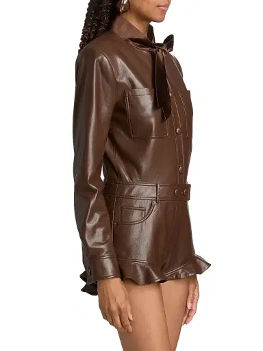 Self-Portrait Women's Faux Leather Ruffle Playsuit - Brown | Thumbnail 4 Self-Portrait Women's Faux Leather Ruffle Playsuit - Brown | Thumbnail 4