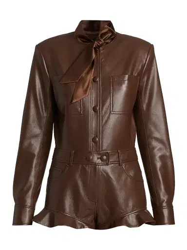 Self-Portrait Women's Faux Leather Ruffle Playsuit - Brown | Thumbnail 1 Self-Portrait Women's Faux Leather Ruffle Playsuit - Brown | Thumbnail 1
