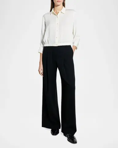 Theory Scrunched-Sleeve Cropped Button-Front Silk Shirt | Thumbnail 2 Theory Scrunched-Sleeve Cropped Button-Front Silk Shirt | Thumbnail 2
