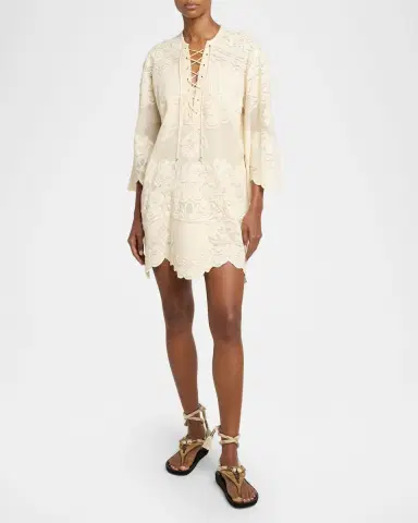 Isabel Marant Solara Floral Jacquard Lace-Up Mini Caftan Dress | Thumbnail 2 Isabel Marant Solara Floral Jacquard Lace-Up Mini Caftan Dress | Thumbnail 2