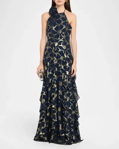 Ramy Brook Idella Ruffle-Trim Metallic Floral Halter Gown | Thumbnail 2 Ramy Brook Idella Ruffle-Trim Metallic Floral Halter Gown | Thumbnail 2