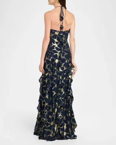 Ramy Brook Idella Ruffle-Trim Metallic Floral Halter Gown | Thumbnail 3 Ramy Brook Idella Ruffle-Trim Metallic Floral Halter Gown | Thumbnail 3