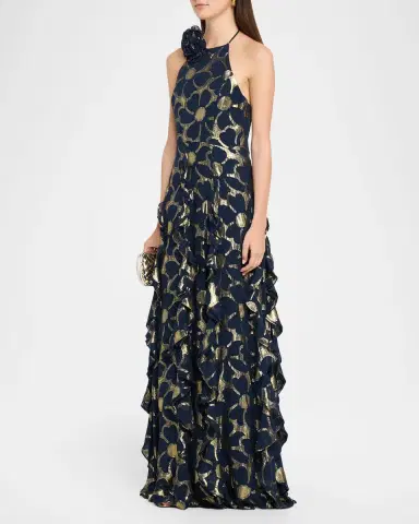 Ramy Brook Idella Ruffle-Trim Metallic Floral Halter Gown | Thumbnail 4 Ramy Brook Idella Ruffle-Trim Metallic Floral Halter Gown | Thumbnail 4