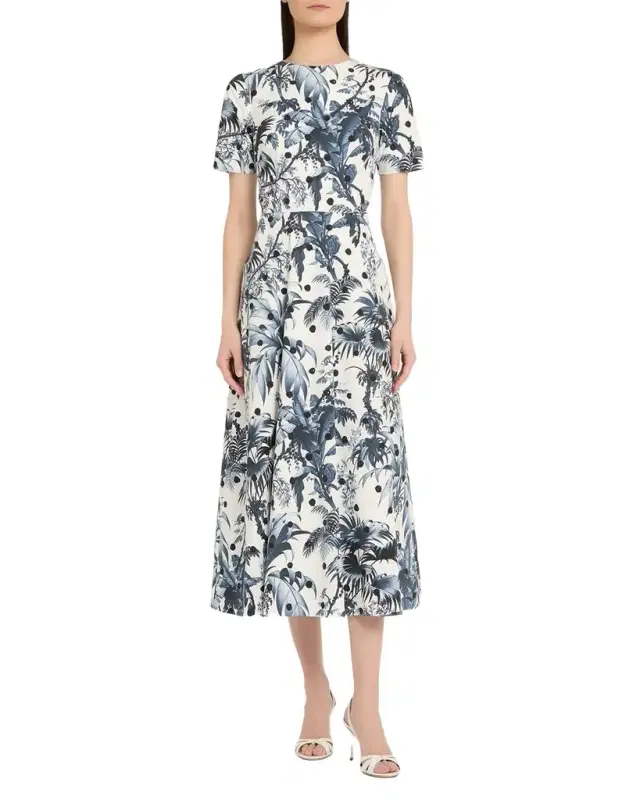 Short-Sleeve Dotted Palm Print Poplin Midi Dress Short-Sleeve Dotted Palm Print Poplin Midi Dress