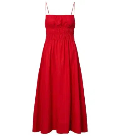 Staud Ayla shirred linen midi dress | Thumbnail 1 Staud Ayla shirred linen midi dress | Thumbnail 1