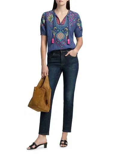 Johnny Was Women's Margot Floral Embroidered Cotton-Silk Blouse - Blue Night | Thumbnail 2 Johnny Was Women's Margot Floral Embroidered Cotton-Silk Blouse - Blue Night | Thumbnail 2
