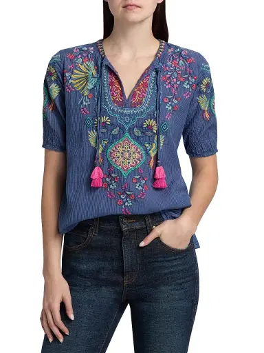 Johnny Was Women's Margot Floral Embroidered Cotton-Silk Blouse - Blue Night | Thumbnail 3 Johnny Was Women's Margot Floral Embroidered Cotton-Silk Blouse - Blue Night | Thumbnail 3