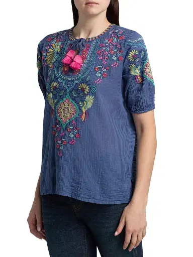 Johnny Was Women's Margot Floral Embroidered Cotton-Silk Blouse - Blue Night | Thumbnail 4 Johnny Was Women's Margot Floral Embroidered Cotton-Silk Blouse - Blue Night | Thumbnail 4