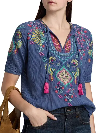 Johnny Was Women's Margot Floral Embroidered Cotton-Silk Blouse - Blue Night | Thumbnail 6 Johnny Was Women's Margot Floral Embroidered Cotton-Silk Blouse - Blue Night | Thumbnail 6