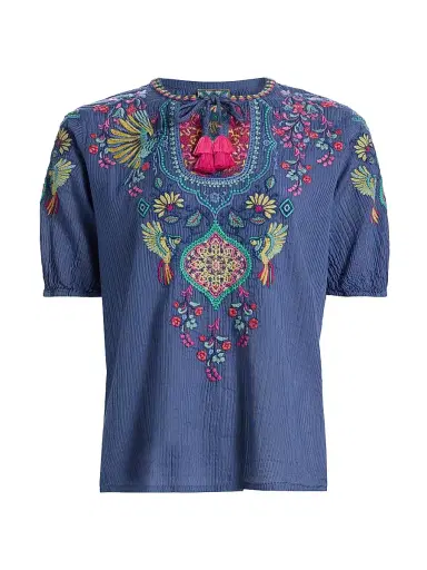 Johnny Was Women's Margot Floral Embroidered Cotton-Silk Blouse - Blue Night | Thumbnail 1 Johnny Was Women's Margot Floral Embroidered Cotton-Silk Blouse - Blue Night | Thumbnail 1