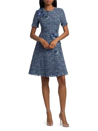 Teri Jon by Rickie Freeman Women's 3D Floral Appliqué Tweed Mini Cocktail Dress - Blue Multi - Size 18 | Thumbnail 2 Teri Jon by Rickie Freeman Women's 3D Floral Appliqué Tweed Mini Cocktail Dress - Blue Multi - Size 18 | Thumbnail 2