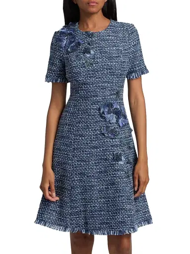Teri Jon by Rickie Freeman Women's 3D Floral Appliqué Tweed Mini Cocktail Dress - Blue Multi - Size 18 | Thumbnail 3 Teri Jon by Rickie Freeman Women's 3D Floral Appliqué Tweed Mini Cocktail Dress - Blue Multi - Size 18 | Thumbnail 3