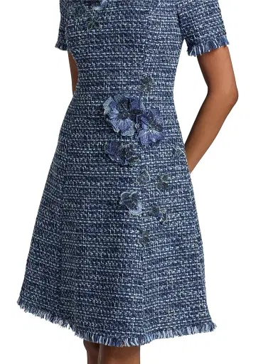 Teri Jon by Rickie Freeman Women's 3D Floral Appliqué Tweed Mini Cocktail Dress - Blue Multi - Size 18 | Thumbnail 6 Teri Jon by Rickie Freeman Women's 3D Floral Appliqué Tweed Mini Cocktail Dress - Blue Multi - Size 18 | Thumbnail 6
