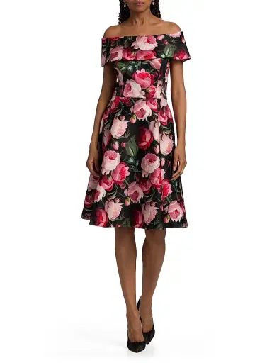 Teri Jon by Rickie Freeman Women's Peony Mikado Off-The-Shoulder Cocktail Dress - Black Multi - Size 18 | Thumbnail 2 Teri Jon by Rickie Freeman Women's Peony Mikado Off-The-Shoulder Cocktail Dress - Black Multi - Size 18 | Thumbnail 2