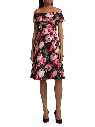 Teri Jon by Rickie Freeman Women's Peony Mikado Off-The-Shoulder Cocktail Dress - Black Multi - Size 18 | Thumbnail 3 Teri Jon by Rickie Freeman Women's Peony Mikado Off-The-Shoulder Cocktail Dress - Black Multi - Size 18 | Thumbnail 3