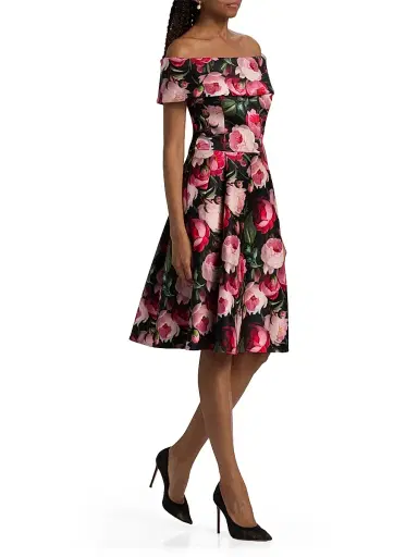 Teri Jon by Rickie Freeman Women's Peony Mikado Off-The-Shoulder Cocktail Dress - Black Multi - Size 18 | Thumbnail 4 Teri Jon by Rickie Freeman Women's Peony Mikado Off-The-Shoulder Cocktail Dress - Black Multi - Size 18 | Thumbnail 4