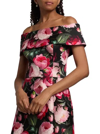 Teri Jon by Rickie Freeman Women's Peony Mikado Off-The-Shoulder Cocktail Dress - Black Multi - Size 18 | Thumbnail 6 Teri Jon by Rickie Freeman Women's Peony Mikado Off-The-Shoulder Cocktail Dress - Black Multi - Size 18 | Thumbnail 6