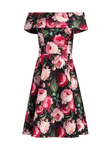 Teri Jon by Rickie Freeman Women's Peony Mikado Off-The-Shoulder Cocktail Dress - Black Multi - Size 18 | Thumbnail 1 Teri Jon by Rickie Freeman Women's Peony Mikado Off-The-Shoulder Cocktail Dress - Black Multi - Size 18 | Thumbnail 1