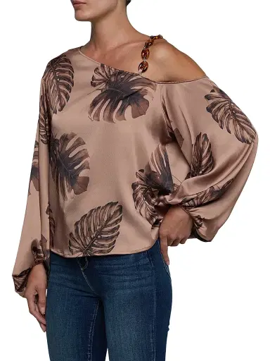 L'Agence Women's Asami Printed Chain-Shoulder Satin Blouse - Hazelnut Multi Large - Size Large | Thumbnail 3 L'Agence Women's Asami Printed Chain-Shoulder Satin Blouse - Hazelnut Multi Large - Size Large | Thumbnail 3