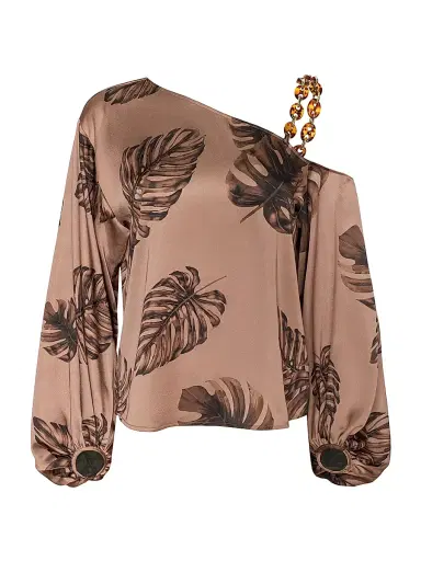 L'Agence Women's Asami Printed Chain-Shoulder Satin Blouse - Hazelnut Multi Large - Size Large | Thumbnail 1 L'Agence Women's Asami Printed Chain-Shoulder Satin Blouse - Hazelnut Multi Large - Size Large | Thumbnail 1