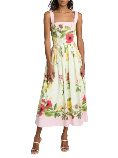 Oscar de la Renta Women's Floral Cotton Poplin Midi-Dress - Pink Multi | Thumbnail 3 Oscar de la Renta Women's Floral Cotton Poplin Midi-Dress - Pink Multi | Thumbnail 3