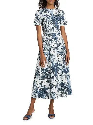 Oscar de la Renta Women's Dotted Palm Tree Cotton Poplin Midi-Dress - Navy White | Thumbnail 3 Oscar de la Renta Women's Dotted Palm Tree Cotton Poplin Midi-Dress - Navy White | Thumbnail 3