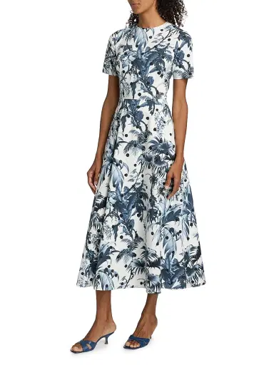 Oscar de la Renta Women's Dotted Palm Tree Cotton Poplin Midi-Dress - Navy White | Thumbnail 4 Oscar de la Renta Women's Dotted Palm Tree Cotton Poplin Midi-Dress - Navy White | Thumbnail 4