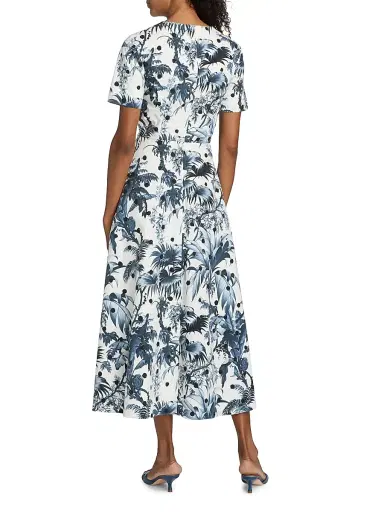 Oscar de la Renta Women's Dotted Palm Tree Cotton Poplin Midi-Dress - Navy White | Thumbnail 5 Oscar de la Renta Women's Dotted Palm Tree Cotton Poplin Midi-Dress - Navy White | Thumbnail 5