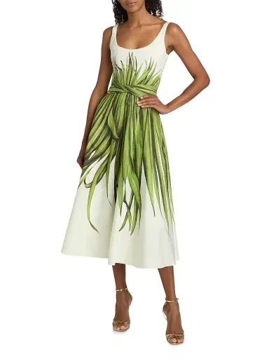 Oscar de la Renta Women's Palm Leaves Cotton Poplin Midi-Dress - Green Ecru | Thumbnail 2 Oscar de la Renta Women's Palm Leaves Cotton Poplin Midi-Dress - Green Ecru | Thumbnail 2