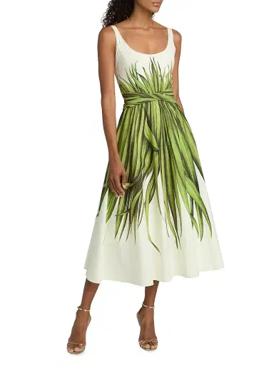 Oscar de la Renta Women's Palm Leaves Cotton Poplin Midi-Dress - Green Ecru | Thumbnail 3 Oscar de la Renta Women's Palm Leaves Cotton Poplin Midi-Dress - Green Ecru | Thumbnail 3