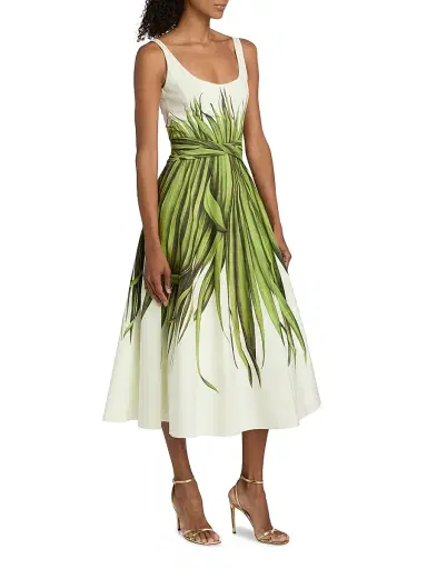 Oscar de la Renta Women's Palm Leaves Cotton Poplin Midi-Dress - Green Ecru | Thumbnail 4 Oscar de la Renta Women's Palm Leaves Cotton Poplin Midi-Dress - Green Ecru | Thumbnail 4