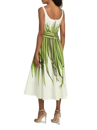 Oscar de la Renta Women's Palm Leaves Cotton Poplin Midi-Dress - Green Ecru | Thumbnail 5 Oscar de la Renta Women's Palm Leaves Cotton Poplin Midi-Dress - Green Ecru | Thumbnail 5