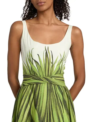 Oscar de la Renta Women's Palm Leaves Cotton Poplin Midi-Dress - Green Ecru | Thumbnail 6 Oscar de la Renta Women's Palm Leaves Cotton Poplin Midi-Dress - Green Ecru | Thumbnail 6