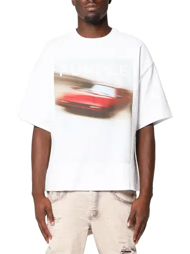 Purple Brand Men's Car Graphic Textured Jersey Crewneck T-Shirt - White | Thumbnail 1 Purple Brand Men's Car Graphic Textured Jersey Crewneck T-Shirt - White | Thumbnail 1