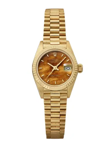 Stephanie Windsor + Rolex Vintage 1983 Datejust 18-karat Gold And Wood Watch, Ref. 6917 (6.25'' Wrist) | Thumbnail 1 Stephanie Windsor + Rolex Vintage 1983 Datejust 18-karat Gold And Wood Watch, Ref. 6917 (6.25'' Wrist) | Thumbnail 1