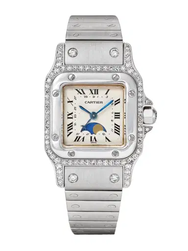 Stephanie Windsor + Cartier Vintage 1980s Santos Galbée Moonphase 18-karat White Gold And Diamond Watch, Ref. 9800 (6.2'' Wrist) | Thumbnail 1 Stephanie Windsor + Cartier Vintage 1980s Santos Galbée Moonphase 18-karat White Gold And Diamond Watch, Ref. 9800 (6.2'' Wrist) | Thumbnail 1