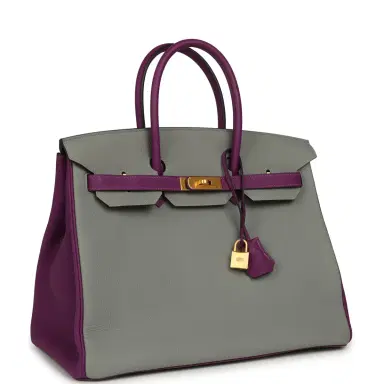 HERMÈS Pre-owned Hermes Special Order (HSS) Birkin 35 Gris Mouette and Anemone Togo Brushed Gold Hardware | Thumbnail 2 HERMÈS Pre-owned Hermes Special Order (HSS) Birkin 35 Gris Mouette and Anemone Togo Brushed Gold Hardware | Thumbnail 2