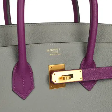 HERMÈS Pre-owned Hermes Special Order (HSS) Birkin 35 Gris Mouette and Anemone Togo Brushed Gold Hardware | Thumbnail 7 HERMÈS Pre-owned Hermes Special Order (HSS) Birkin 35 Gris Mouette and Anemone Togo Brushed Gold Hardware | Thumbnail 7