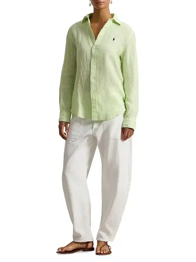Polo Ralph Lauren Women's Pony-Embroidered Striped Classic-Fit Shirt - Electric Lime White | Thumbnail 2 Polo Ralph Lauren Women's Pony-Embroidered Striped Classic-Fit Shirt - Electric Lime White | Thumbnail 2