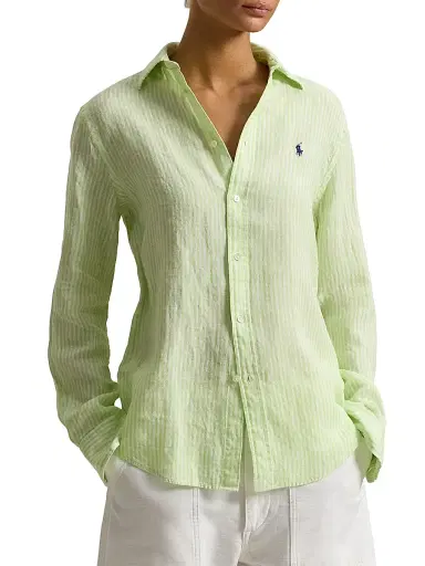 Polo Ralph Lauren Women's Pony-Embroidered Striped Classic-Fit Shirt - Electric Lime White | Thumbnail 3 Polo Ralph Lauren Women's Pony-Embroidered Striped Classic-Fit Shirt - Electric Lime White | Thumbnail 3